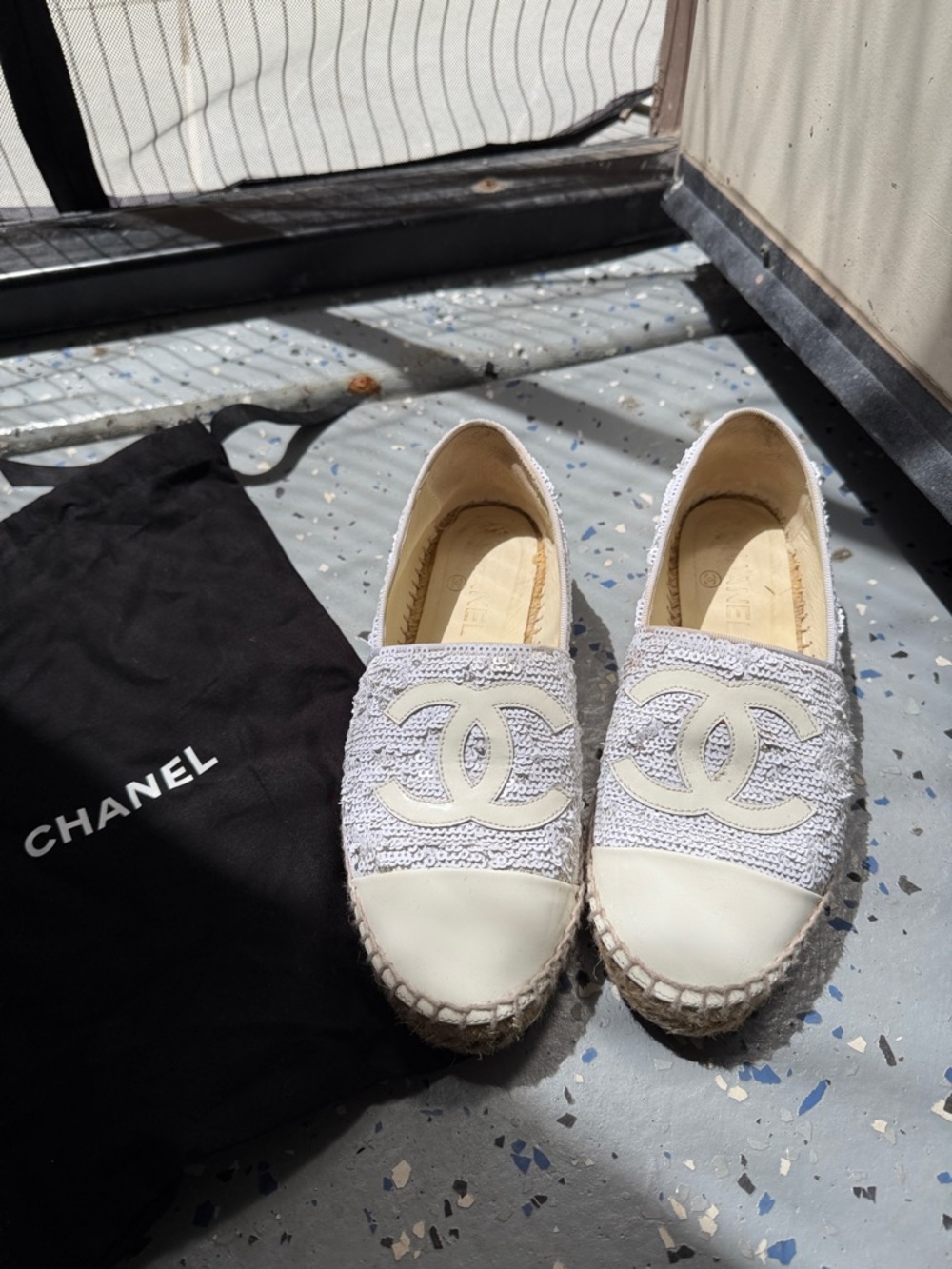 CHANEL Cream and White Sequined Espadrille Flats